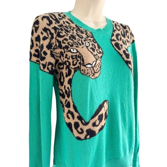BCBG MAXAZRIA Woman's Sz XS Jaxin Emerald Green Leopard Cheetah Print Sweater - Picture 3 of 9
